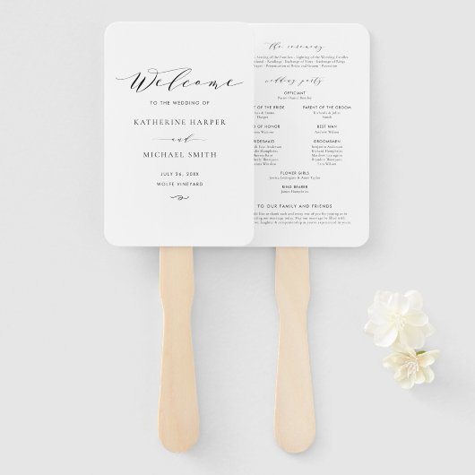 Black minimalist Dainty Script Wedding Program Handwaaier (Voorkant en achterkant)