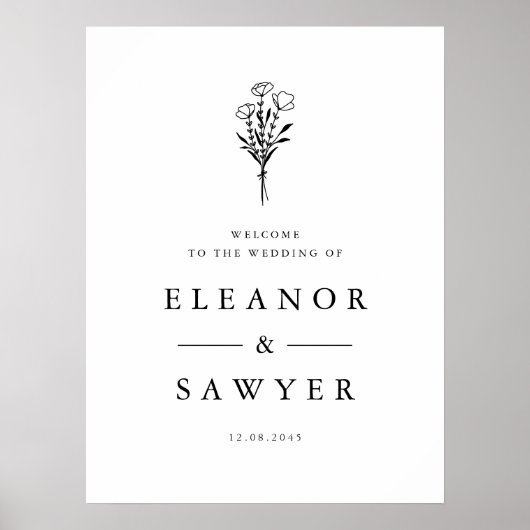 Black Minimalist Floral Bouquet Wedding Welkom Poster (Voorkant)