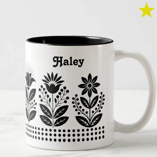 Black Minimalist Folk Art Floral Custom Name Tweekleurige Koffiemok