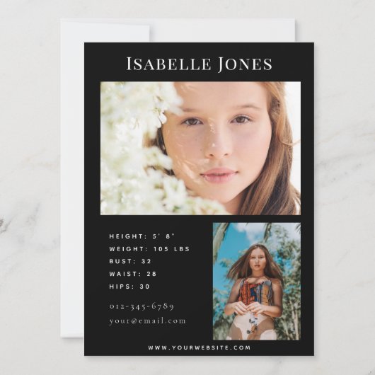 Black Minimalist Model Actor 3 Photo Comp Kaart (Achterkant)