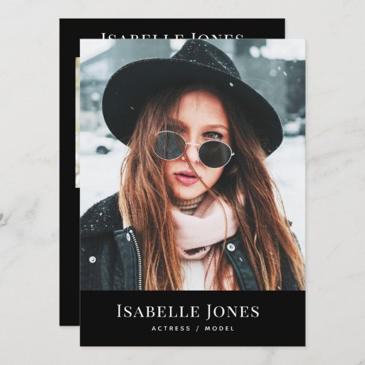 Black Minimalist Model Actor 3 Photo Comp Kaart (Voorkant / Achterkant)