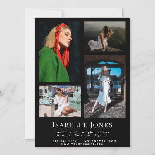 Black Minimalist Model Actor 5 Photo Comp Kaart (Achterkant)
