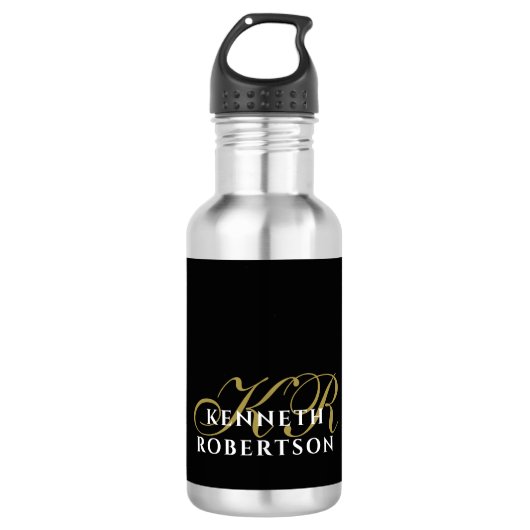 Black Minimalist Monogram Gold White Elegant Men Waterfles (Voorkant)