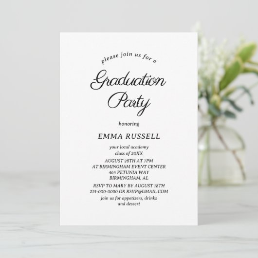 Black Minimalist Script Afstuderen Invitation Kaart (Staand voorkant)