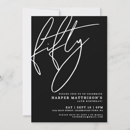 Black Minimalist Script Fifty 50th Birthday Party Kaart (Voorkant)