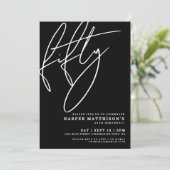 Black Minimalist Script Fifty 50th Birthday Party Kaart (Staand voorkant)