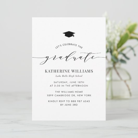 Black Minimalist Script Graduation Party Kaart (Staand voorkant)