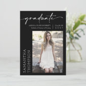 Black Minimalist Script Two Photo Graduparty Kaart (Staand voorkant)