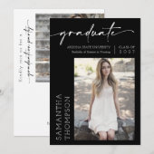 Black Minimalist Script Two Photo Graduparty Kaart (Voorkant / Achterkant)