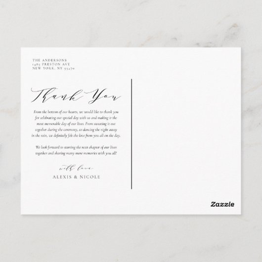 Black Minimalist Script Typography Weddenfoto Briefkaart (Achterkant)