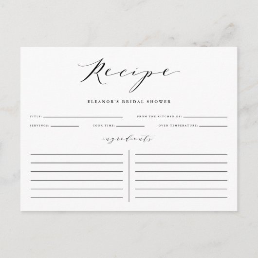 Black Minimalist Script Vrijgezellenfeest Recipe K Briefkaart (Voorkant)