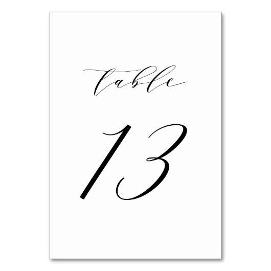Black Minimalist Script Wedding Table Number 13 Kaart (Achterkant)