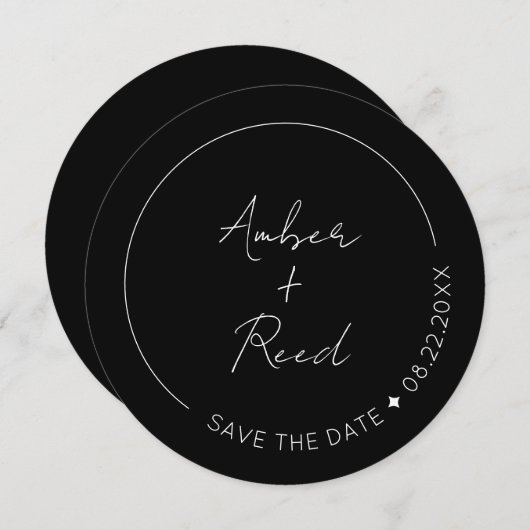Black Minimalist Simple Script Round Circle Save The Date (Voorkant / Achterkant)