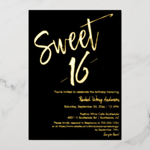 Black Minimalist Sweet 16th Birthday Party Gold Folie Uitnodiging