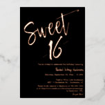 Black Minimalist Sweet 16th Birthday Roos Gold Folie Uitnodiging<br><div class="desc">Creëer een persoonlijke en fantastische, knappe en minimalistische Sweet 16de verjaardagsfeestdag uitnodiging voor die speciale verjaardagsjongen of -meisje! Deze uitnodiging bevat een ruim en mooi kalligrafiescript met een echte gouden folie van het roos en een zwarte achtergrond. U kunt het met uw eigen tekst gemakkelijk aanpassen en het aanpassen aan...</div>