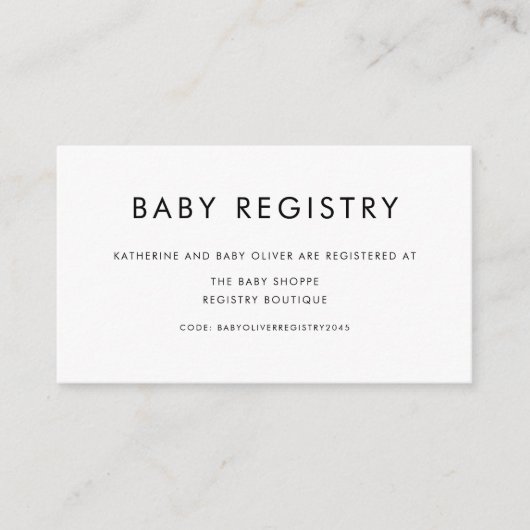 Black Minimalist Typography Baby shower Registry Informatiekaartje (Voorkant)