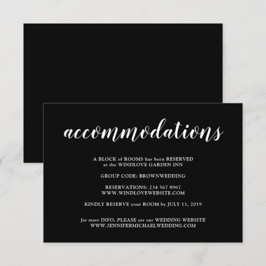 Black Minimalist Wedding Accommodations Informatiekaartje (Voorkant / Achterkant)