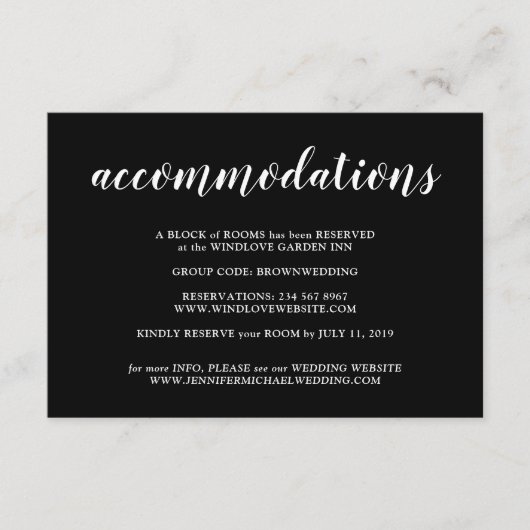 Black Minimalist Wedding Accommodations Informatiekaartje (Voorkant)