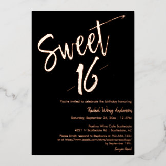 Black Minimalistische Sweet 16 Verjaardag Rose Gou Folie Uitnodiging