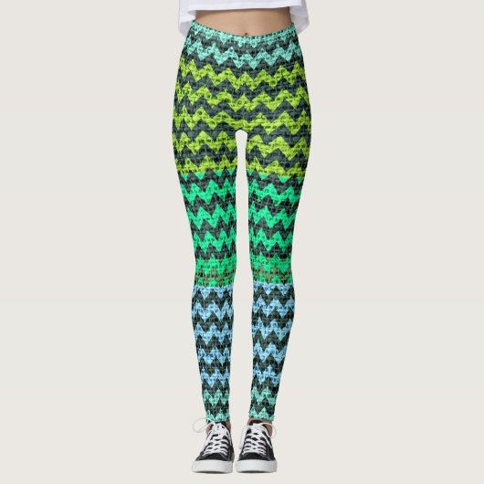 Black Mint Green Chevron Pattern Burlap look Leggings (Voorkant)