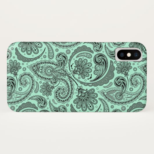 Black & Mint-Green V Floral Paisley Case-Mate iPhone Case (Achterkant (horizontaal))