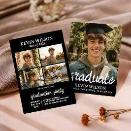 Black Modern 4 Photo Graduation Invitation Kaart