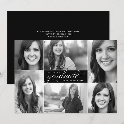 Black Modern 6 Photo Script-Afstuderen Uitnodigen Kaart (Voorkant / Achterkant)