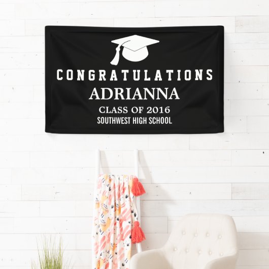 Black Modern Afstuderen Pet gefeliciteerd Spandoek (Insitu)