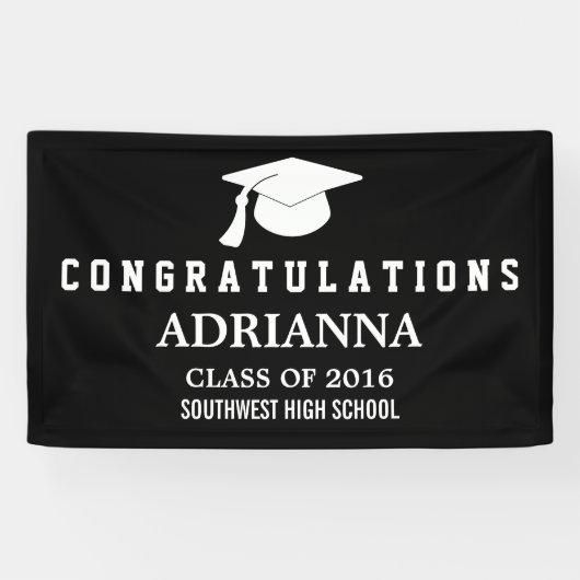 Black Modern Afstuderen Pet gefeliciteerd Spandoek (Horizontaal)