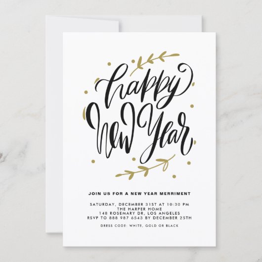 Black Modern Calligraphy and Wreath New Year Party Kaart (Voorkant)