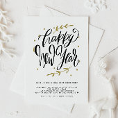 Black Modern Calligraphy and Wreath New Year Party Kaart