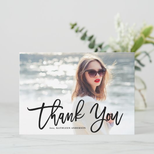 Black Modern Calligraphy Photo Afstuderen Bedankkaart (Staand voorkant)