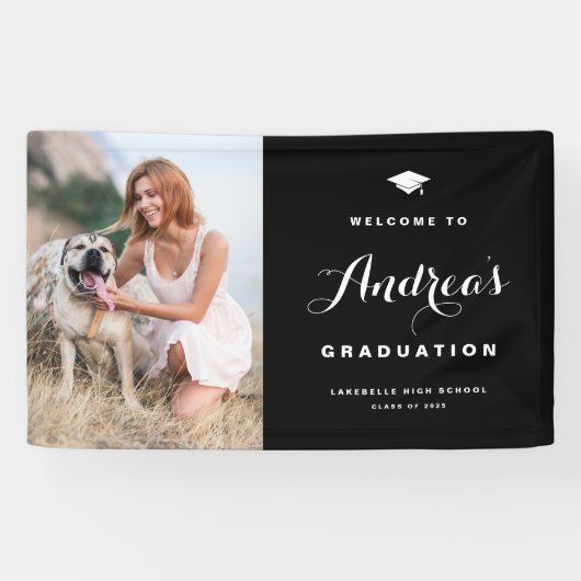 Black Modern Calligraphy Photo Afstuderen Welcome Spandoek (Horizontaal)
