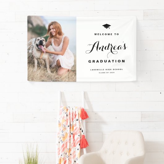 Black Modern Calligraphy Photo Afstuderen Welcome Spandoek (Insitu)