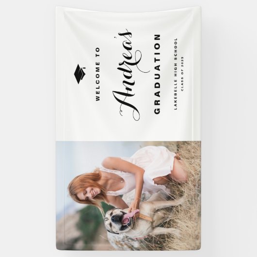 Black Modern Calligraphy Photo Afstuderen Welcome Spandoek (Verticaal)