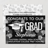 Black Modern Confetti Bokeh Bubbles Afstuderen Kaart (Voorkant / Achterkant)