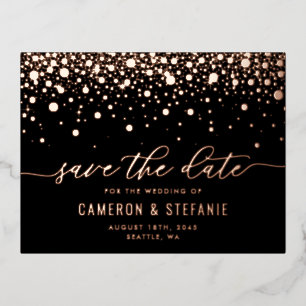 Black Modern Confetti Roos Gold Save the Date Folie Uitnodiging Briefkaart