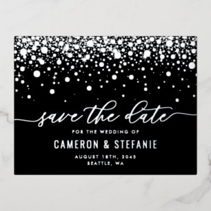 Black Modern Confetti Silver Foil Save the Date Folie Uitnodiging Briefkaart