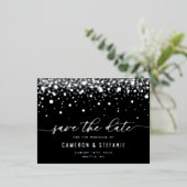 Black Modern Confetti Silver Foil Save the Date Folie Uitnodiging Briefkaart (Staand Voorkant)