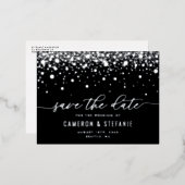Black Modern Confetti Silver Foil Save the Date Folie Uitnodiging Briefkaart (Voorkant / Achterkant)