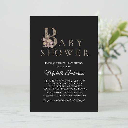 Black Modern Elegant Baby shower Invitation Kaart (Staand voorkant)