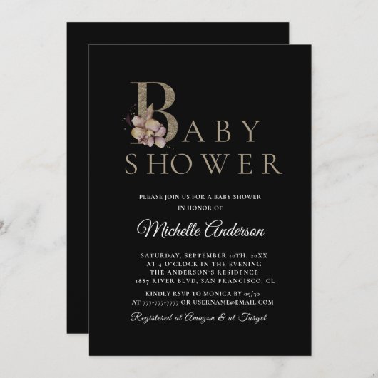 Black Modern Elegant Baby shower Invitation Kaart (Voorkant / Achterkant)