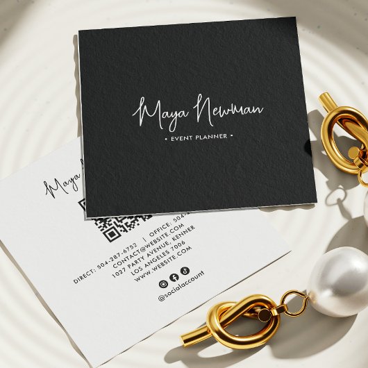 BLACK Modern Elegant Minimal QR Code Professional Vierkante Visitekaartje