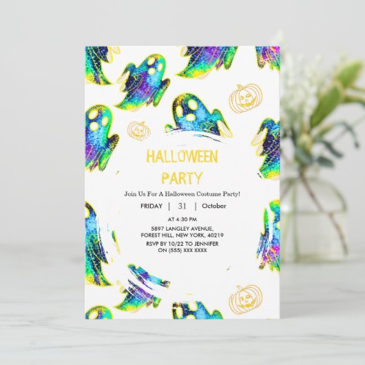 Black | Modern Glitter Pumpkin Ghost Halloween Kaart (Staand voorkant)