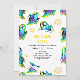 Black | Modern Glitter Pumpkin Ghost Halloween Kaart