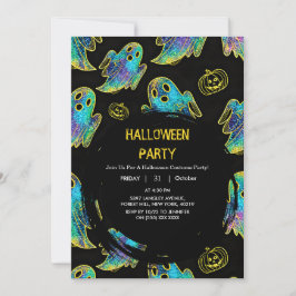 Black | Modern Glitter Pumpkin Ghost Halloween Kaart