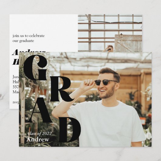 Black Modern Graduation Announcement Grad Party (Voorkant / Achterkant)
