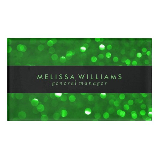 Black & Modern Green Bokeh Glitter Texture Naambadge (Voorkant)