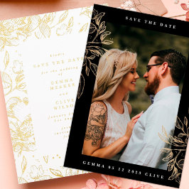 Black Modern Hand Drawn Botanical Wedding Foto Sa Folie Uitnodiging