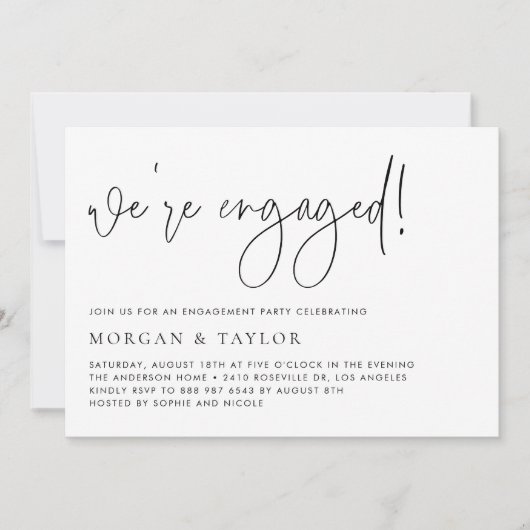 Black Modern Handwritten Script Engagement Party Kaart (Voorkant)